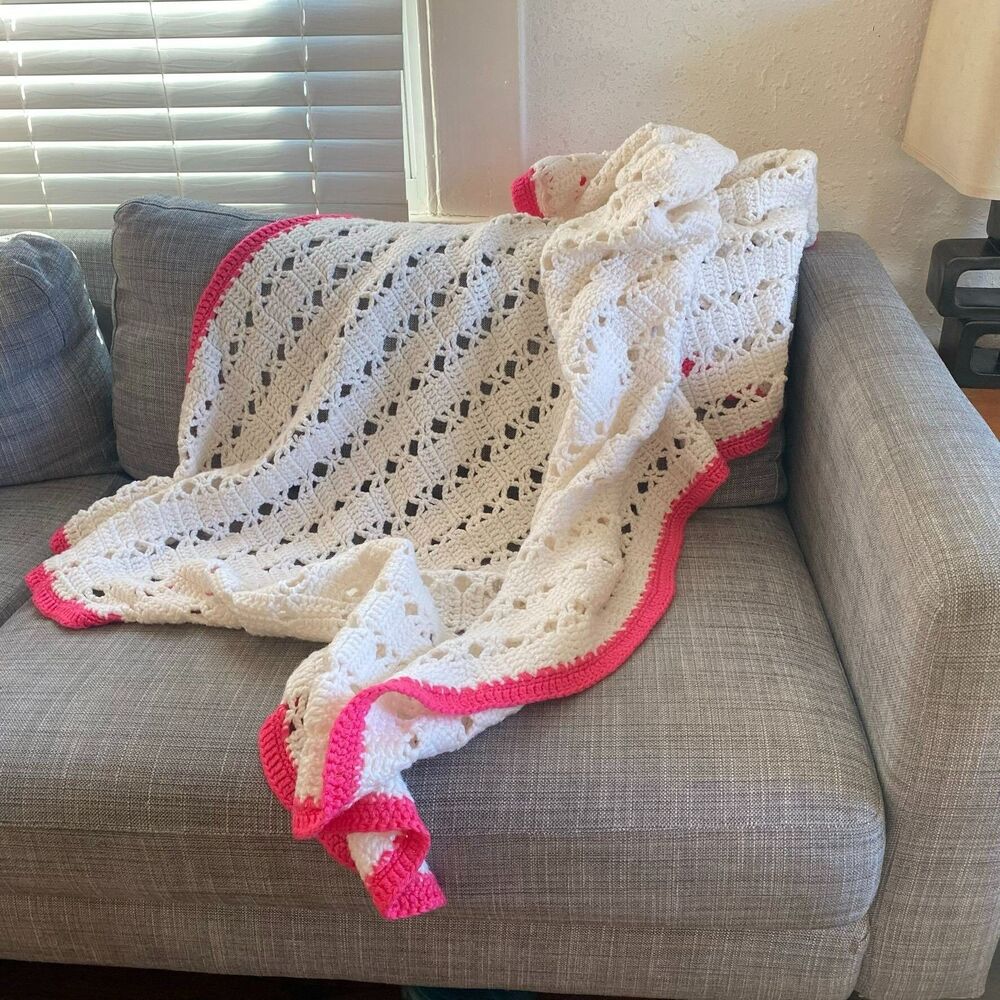 Handmade Throw Blanket Afghan, White with Pink Trim